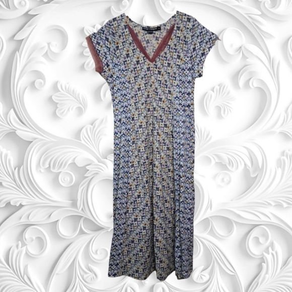 Little Journeys Chicago White Midi Dress With Purple Green‎ Geometric Designs - Picture 1 of 5